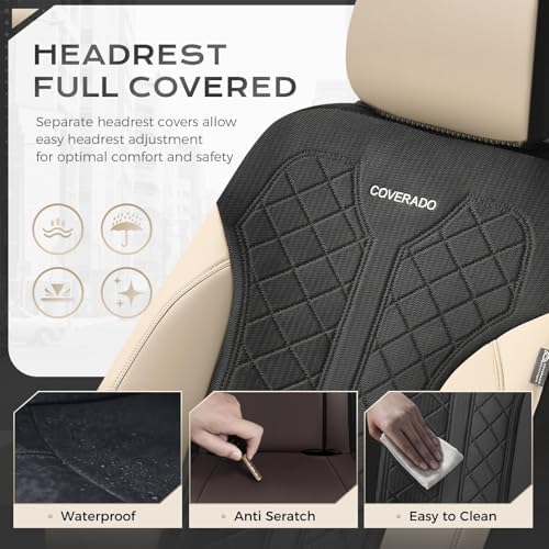 Coverado Front Seat Covers, Beige Seat Covers 2 Seats, Leather Car Protectors 2-Pack, Auto Seat Covers Spill-Proof Design Universal Fit for SUV, Vans, Sedan, Truck - Image 6