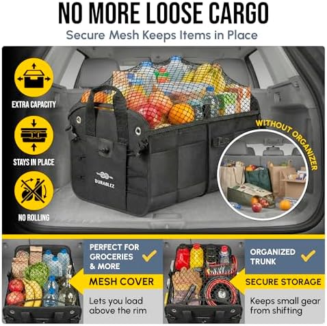 Car Trunk Organizer - Collapsible, Foldable - with Covering Net, Removable Dividers, Attachable Non-Slip Pads, Mounting Straps, and Stainless Hooks - for SUV, Truck, Sedan, Minivan, and Van - Black - Image 4