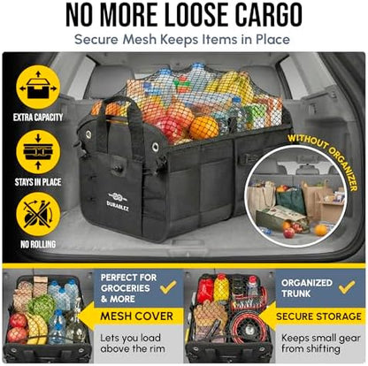 Car Trunk Organizer - Collapsible, Foldable - with Covering Net, Removable Dividers, Attachable Non-Slip Pads, Mounting Straps, and Stainless Hooks - for SUV, Truck, Sedan, Minivan, and Van - Black - Image 4