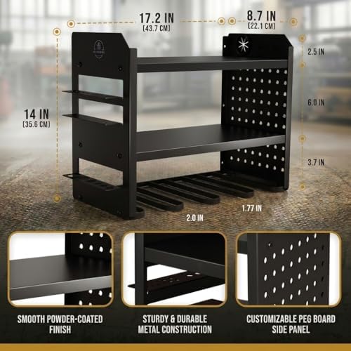 BUILTSTRONG Power Tool Organizer Wall Mount – 3-Tier Heavy-Duty Steel Rack, 4 Drill Slots, Pegboard + Utility Side, 100 lb Capacity – Garage, Workshop & Shed Storage (Black) - Image 4