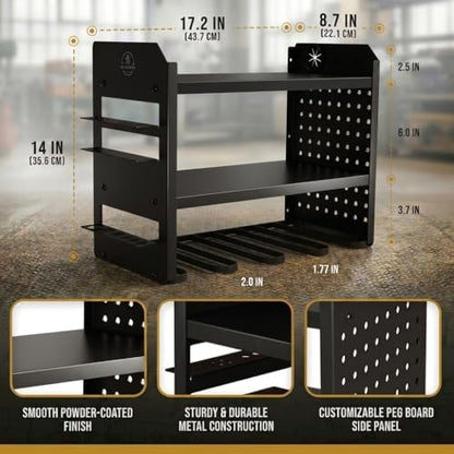 BUILTSTRONG Power Tool Organizer Wall Mount – 3-Tier Heavy-Duty Steel Rack, 4 Drill Slots, Pegboard + Utility Side, 100 lb Capacity – Garage, Workshop & Shed Storage (Black) - Image 4