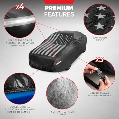 Motor Trend Black USA Flag Waterproof Car Cover - All Weather Outdoor Protection, UV Resistant, Windproof, Scratchproof - Semi-Universal Fit Sedan Full Car Cover for Sun Rain Snow (171”- 190” Length) - Image 5