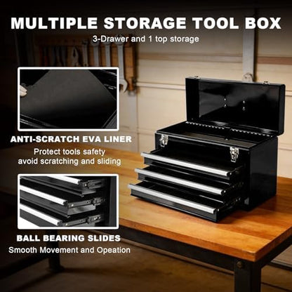 3 Drawer 20“ Metal Tool Box Portable Steel Tool Chest with Metal Latch Closure for Garage, Home and Workbench,Black - Image 3