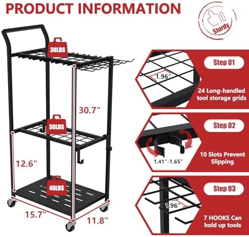 Faesun Garden Tool Organizer with Wheels, Rolling Yard Tool Rack with 14 Hooks & 5 Slots, 3-Tier Metal Cart Holds 50+ Rakes/Shovels/Brooms, Mobile Lawn Storage for Garage Shed Outdoor - Image 2
