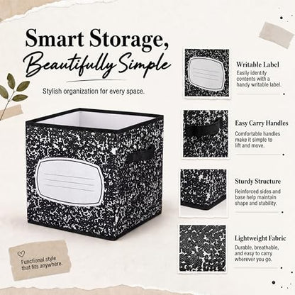 Yookeer 12 Pcs 11 Inch Composition Notebook Fabric Storage Cube Bin with Handle Zebra Print Foldable Classroom Container Cubby Basket for Back to School Decoration Office Home Nursery Organizer - Image 5