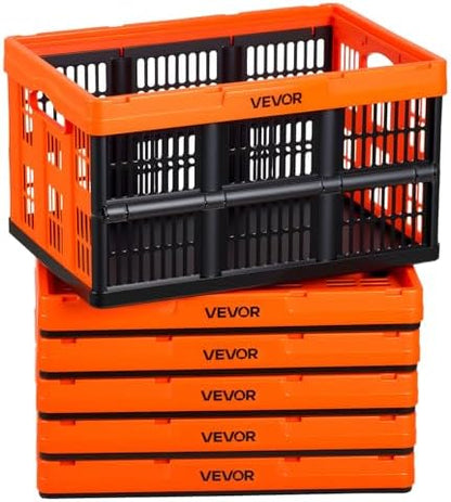 VEVOR Plastic Collapsible Storage Bins, 45L 6 Packs, Stackable Folding Storage Crates with Handles, Holds 33 lbs Per Bin, Foldable Heavy Duty Containers, Space-Saving Baskets, for Home Organizing by VEVOR