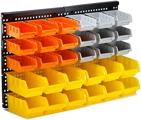 30-Bin Wall Mounted Storage Bins Kit, Tool Organizer Rack, Garage Hardware Organizer, Parts Storage Bins, DIY Combination(Grey & Orange & Yellow Type) by VEOFEMLEA