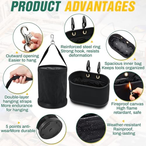 2 Pack Canvas Bucket and Oval Tool Bag, Bucket Tool Organizers with Plastic Bottom Metal Hook for Lineman Organizing Accessories - Image 3