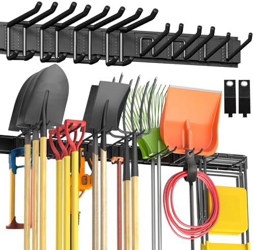 Garage Tool Organizer Wall Mount, 64" Heavy-Duty Metal Wall Organizer, 4 Rails with 8 Adjustable Hooks, Garden Storage Rack for Organization, Sturdy Tool Hanging Holder for Shovel Shed Yard by BlumeTrec