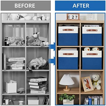 Temary 11 Storage Cube Bins for Shelves, Closet - 4 Pack Fabric Baskets With Leather Handles (White & Blue) - Image 5