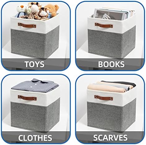 Temary Storage Cubes 12x12 Fabric Cube Storage Bins Foldable Storage Baskets with Handles, Decorative Storage Boxes for Organizing, Home, Office, Nursery, Shelf, Closet (White & Grey, 12 x 12 x 12) - Image 5