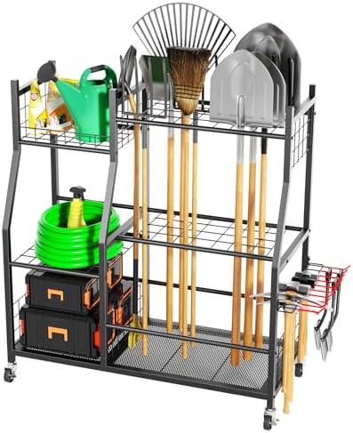 Garden Tool Organizer with Wheels for Garage, Freestanding Garage Tool Organizer, Yard Tool Holder, Garden Tool Cart for Long Handled Tools,Rakes, Brooms, Yard Storage Rack for Shed, Indoor, Outdoor by Vokumba