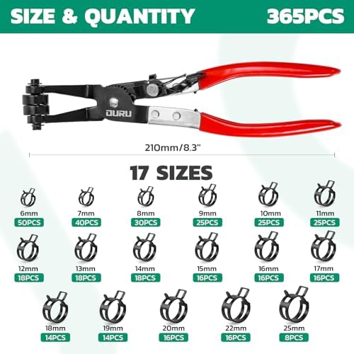 OURU 365PCS Spring Band Hose Clamps Assortment with Pliers,6-25mm,17 Sizes - Image 2