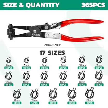 OURU 365PCS Spring Band Hose Clamps Assortment with Pliers,6-25mm,17 Sizes - Image 2