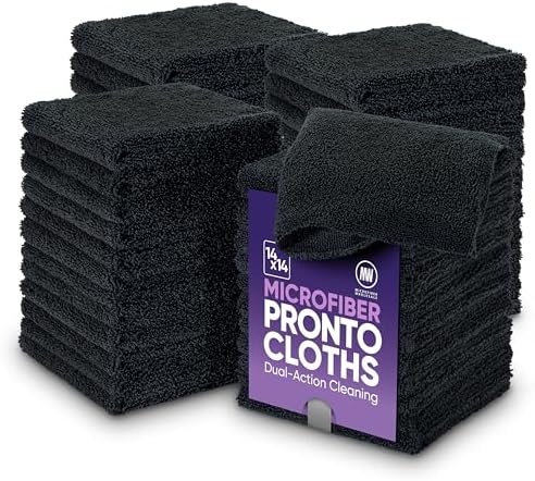 Microfiber Wholesale Pronto Cloths, Dual-Sided Microfiber Cleaning Towels, Soft Plush & Scrub Cloths for Dusting, Scrubbing, Kitchen, Windows & Car Detailing, Absorbent Bulk 50-Pack Black by MicrofiberWholesale