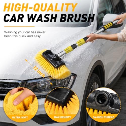 SISUPASSIE 12FT Car Wash Brush with Long Handle, 12-Inch Soft Bristle Car Cleaning Brush for Cleaning RV, Truck, Boat, Solar Panels, Yellow - Image 3