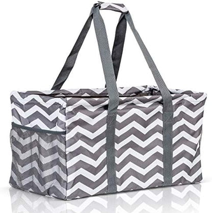 Extra Large Utility Tote Bag - Oversized Collapsible Reusable Wire Frame Rectangular Canvas Basket With Two Exterior Pockets For Beach, Pool, Laundry, Car Trunk, Storage - Chevron Gray by Lucazzi