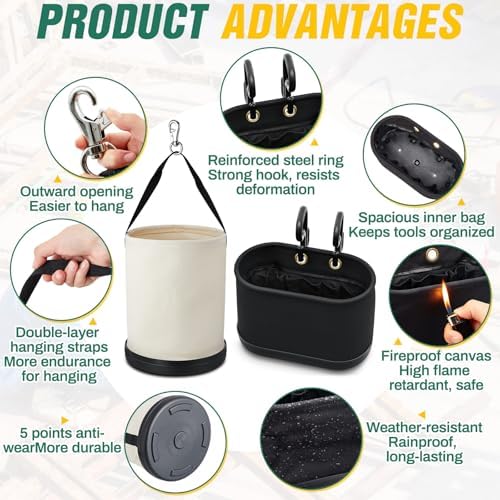 2 Pack Canvas Bucket & Oval Tool Bag, Bucket Tool Organizers with Reinforced Bottom and Hook for Lineman Electrician Construction Workers (White + Black) - Image 3