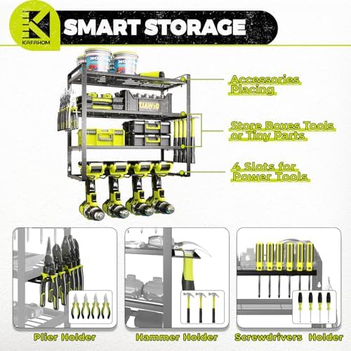 KAFAHOM Power Tool Organizer, Garage Tool Organizers and Storage,Drill Holder Wall Mount, Storage Rack for Cordless Drill, Heavy Duty Tool shelf with Screwdriver Holder/Pliers Holder/Hammer Holder - Image 5
