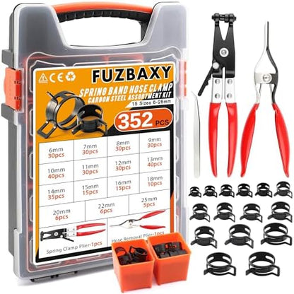 352Pcs Spring Band Hose Clamp Kit with Pliers, 15 Sizes 6-25mm Black Carbon Steel Spring Clamps for Fuel Lines Coolant Vacuum Hoses,Automotive Marine DIY by Fuzbaxy