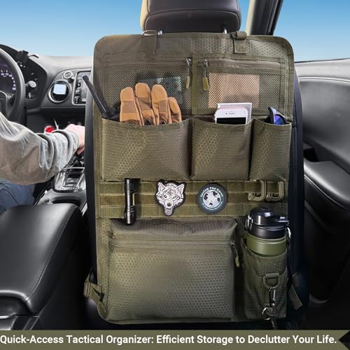 Tactical Car Seat Organizer with Multiple Pockets, MOLLE Panel System & Mesh Compartments, Durable Nylon ​Universal Vehicle Seat Back Storage with Cup Holder, Water-Resistant (Army Green)​ - Image 6