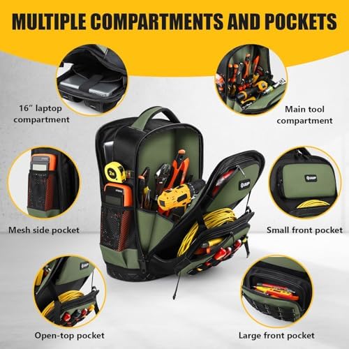 Tool Backpack, UUP Heavy Duty Tool Bag, Large Empty Toolbag Organizer with Waterproof Molded Hard Bottom, Utility Tool Laptop Storage Back Pack, HVAC Technician Electrician Construction Men Dad Gift - Image 3