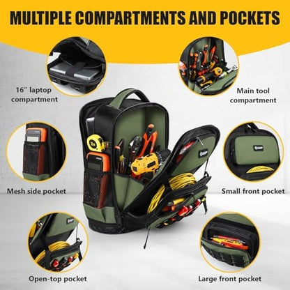Tool Backpack, UUP Heavy Duty Tool Bag, Large Empty Toolbag Organizer with Waterproof Molded Hard Bottom, Utility Tool Laptop Storage Back Pack, HVAC Technician Electrician Construction Men Dad Gift - Image 3