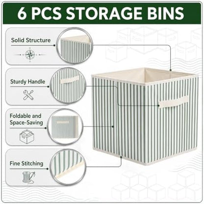 Amyhill 6 Pack Green Striped Basics Collapsible Fabric Storage Bins - Image 3