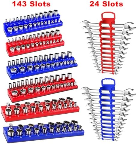 Magnetic Socket Organizer Set, 8PCS Socket Holder Organizer with 6 Socket Trays & 2 Wrench Racks, 1/4", 3/8", 1/2" Metric & SAE Tool Box Organizer for Garage, Toolbox, (Socket, Wrench not Included) - Image 7