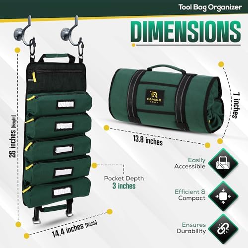 Roll Up Tool Bag Organizer – Heavy Duty Canvas Tool Roll Bag, Tool Roll Up with 5 Oversized Labeled Pockets & Carabiners, Portable Roll Up Tool Organizer for Mechanic, Truck & Car (Green) - Image 2