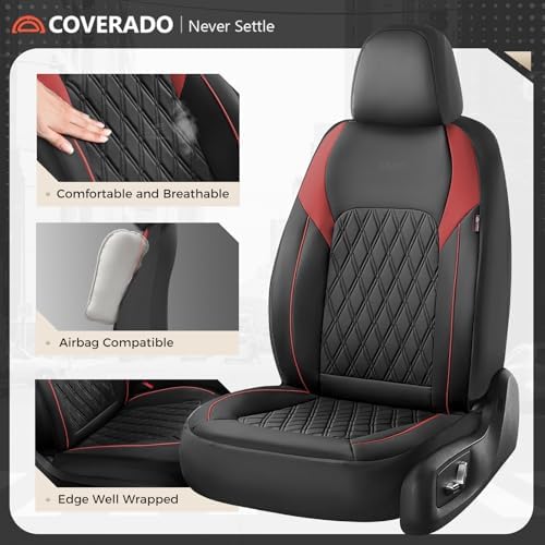 Coverado Automotive Seat Covers, Faux Leather Seat Covers Front Seat, Luxury Car Seat Covers, Seat Cushion, Front Driver Seat Covers, Car Seat Protector Truck Accessories Fit Most Cars, Black&Red - Image 5