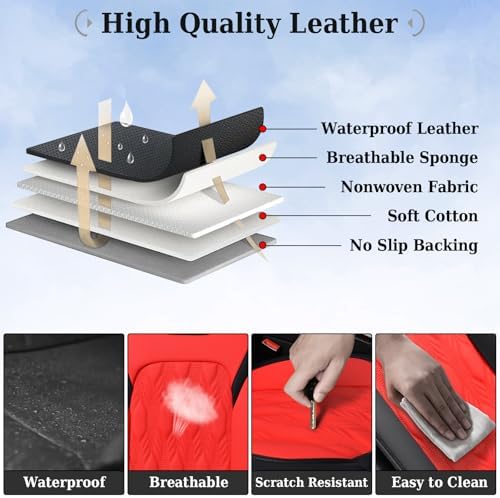 Coverado Car Seat Cover Full Set, Leather Seat Covers for Front and Rear, Waterproof Seat Covers 5 Seats, Luxury Car Seat Protectors Driver Seat Cushions Universal for Most Vehicles, Red - Image 5