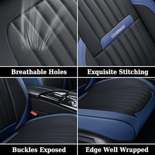 Coverado Car Seat Covers Front, Seat Covers for Cars, Waterproof Car Seat Cushions, 2-Pack Leather Carseat Seat Protectors, Universal Seat Covers Fit for Most Sedans SUV Pick-up Trucks(Blue&Black) - Image 5