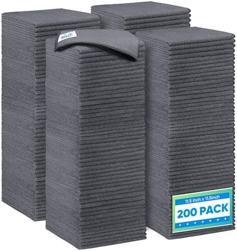 HOMEXCEL Grey Microfiber Cleaning Cloth 200 Pack, 11.5 x 11.5 inch Bulk Shop Towels | Reusable Cleaning Rags for Cars, Kitchen, Window, Garage and House, Ultra Absorbent, Lint Free, Streak Free by HOMEXCEL