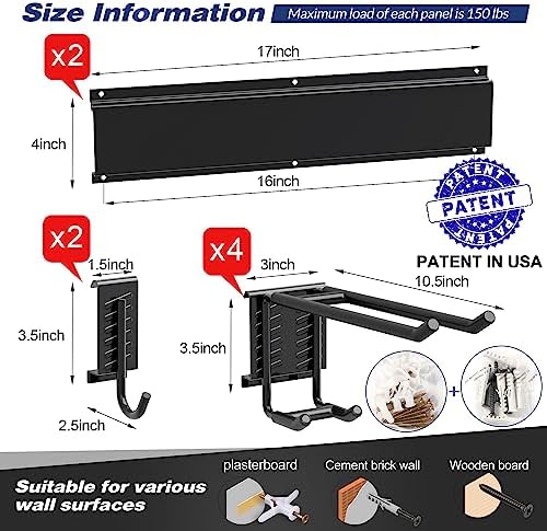 Sttoraboks Garage Wall Organizer, Heavy Duty Tool Hangers for Garage Wall with 6 Double Hooks & 2 Rails, Tool Organizer Wall Mount, Garage Hanging Storage Rack for Shovel, Rake, Broom and Ski Gear - Image 2