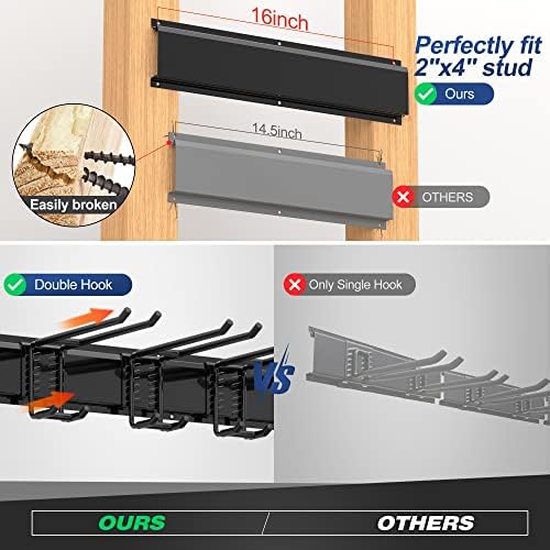 Sttoraboks Garage Wall Organizer, Heavy Duty Tool Hangers for Garage Wall with 8 Double Hooks & 3 Rails, Tool Organizer Wall Mount, Garage Hanging Storage Rack for Shovel, Rake, Broom and Ski Gear - Image 3
