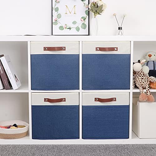 Temary Fabric Storage Bins for Cube Organizer 4 Pack Cube Storage Bins 13 Storage Cubes for Shelves Storage Baskets for Organizing Books, Clothes, Towels (White & Blue, 13x13x13 Inch) - Image 5