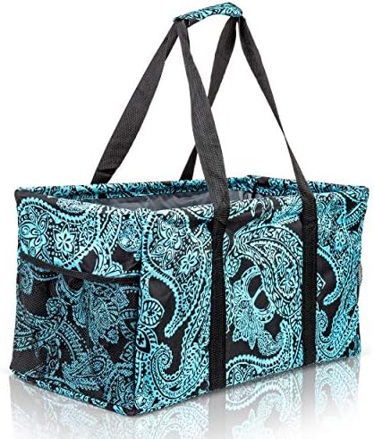 Extra Large Utility Tote Bag - Oversized Collapsible Reusable Wire Frame Rectangular Canvas Basket With Two Exterior Pockets For Beach, Pool, Laundry, Car Trunk, Storage - Paisley Blue by Lucazzi