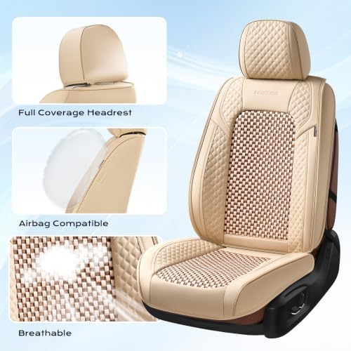 Coverado Seat Covers Full Set, 5 Seats Universal Seat Covers for Cars, Beige Car Seat Covers Front Seats Back Seat Cover, Breathable Car Seat Cushion, Leather Seat Cover Seat Protector Fit Most Cars - Image 5