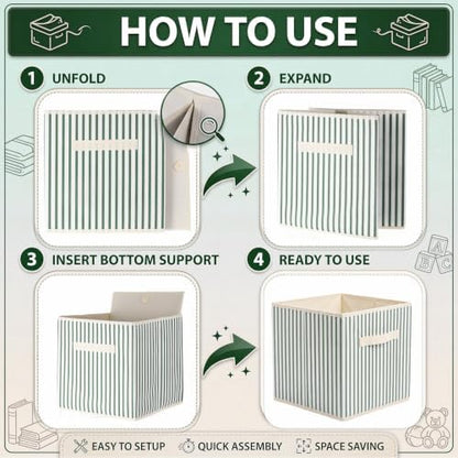 Amyhill 6 Pack Green Striped Basics Collapsible Fabric Storage Bins - Image 4