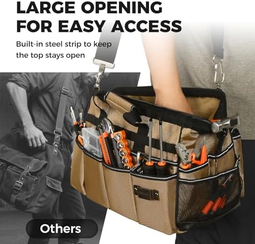 COMOWARE 19-Pocket Tool Bag, Gift for Dad, 16“ Heavy Duty Tool Organizer with Adjustable 51.2" Shoulder Strap, 1680D Oxford Fabric & PVC Coating, Reflective Strips, Tactical Loops, Mechanics - Image 5