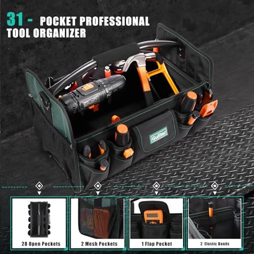 17 Inch Tool Bag,Electrician Tool Bags,Heavy Duty Open Top Tool Tote,31 Pocket Tool Box Organizer with Stainless Steel Handle & Adjustable Shoulder Strap, Black/Green - Image 6