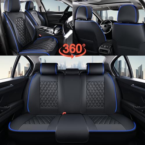 Coverado Full Set Car Seat Covers, Front & Back Luxury Faux Leather Waterproof Seat Covers,Car Seat Protectors, Universal Fit for Most Vehicles-Black & Blue - Image 5