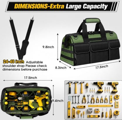 18-Inch Heavy Duty Tool Bag, 19-Pockets Tool Box Organizer, Portable Toolbag W/Soft Handle for Organized Storage, Mechanic Gifts for Men Dad Husband Fathers Day, Wide Mouth Electrician Toolbox, Green - Image 2