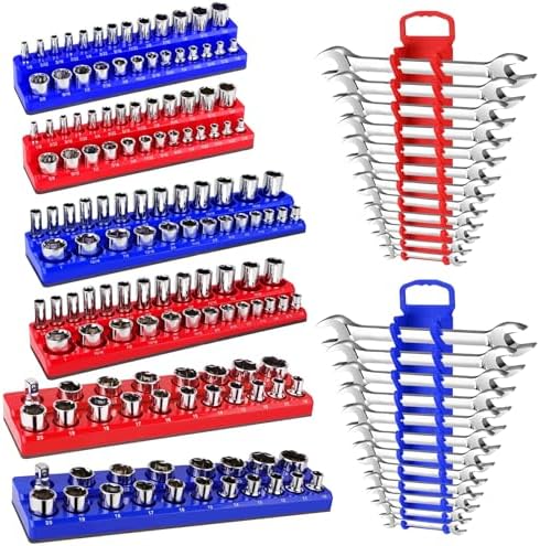 Magnetic Socket Organizer Set, 8PCS Socket Holder Organizer with 6 Socket Trays & 2 Wrench Racks, 1/4", 3/8", 1/2" Metric & SAE Tool Box Organizer for Garage, Toolbox, (Socket, Wrench not Included) by Unknown