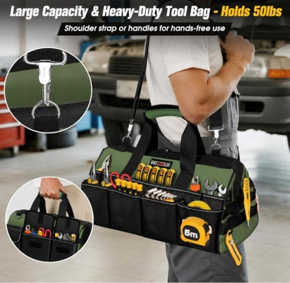 18-Inch Heavy Duty Tool Bag, 19-Pockets Tool Box Organizer, Portable Toolbag W/Soft Handle for Organized Storage, Mechanic Gifts for Men Dad Husband Fathers Day, Wide Mouth Electrician Toolbox, Green - Image 7
