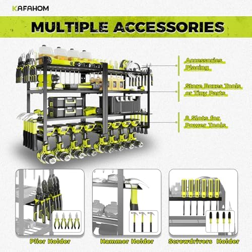 KAFAHOM Power Tool Organizer, 8 Drill Holder Wall Mount, 4 Layers Garage Tool Organizers and Storage Rack, Tool Shelf with Screwdriver/Plier/Hammer Holder - Image 4