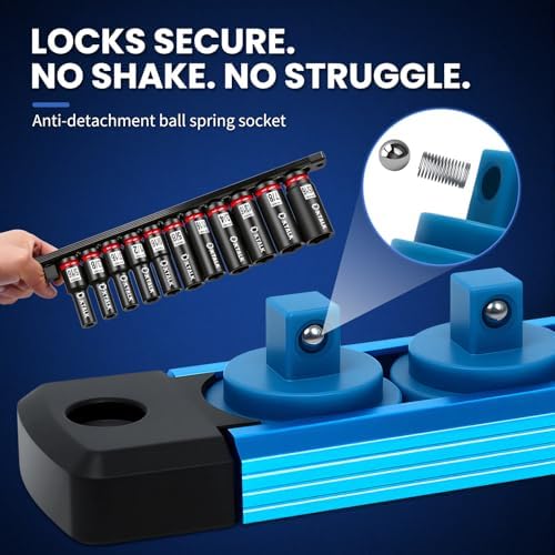 8PC Magnetic Socket Organizer Set, for 1/2″ 3/8″ 1/4″ Drive with 3 Black 3 Red 2 Blue Trays, 360° Swivel Removable Clips, Heavy Duty Aluminum Alloy Rail for Tool Box Drawer - Image 5