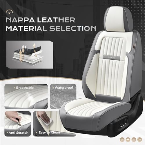 Coverado Car Seat Covers Full Set, Seat Covers for Cars, Car Seat Cover, Car Seat Protector, Leather Car Seat Cushion, Waterproof Car Seat Covers Front Seats and Back Fit for Most Cars(Gray&White) - Image 2