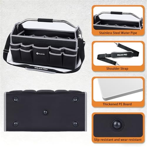 22in Tool Bags For Men Heavy Duty, 33 PCS Pockets Tool Bag Organizer Foldable Open Top Tool Bag With Handle, Wide Mouth Electrician Tool Tote, Grey - Image 5